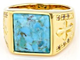 Blue Turquoise and White Topaz 18k Yellow Gold Over Silver Men's Ring .20ctw