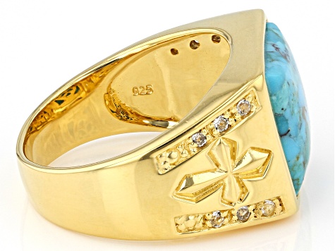 Blue Turquoise and White Topaz 18k Yellow Gold Over Silver Men's Ring .20ctw