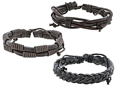 Mens Brown And Black Leather Adjustable Bracelet Set Of Three - SWW240 ...