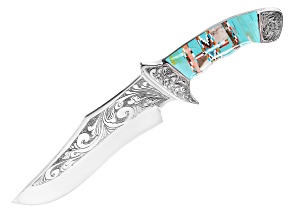 Turquoise Simulant & Multi Gem Simulant Stainless Steel Hunting Knife With Leather Sheath