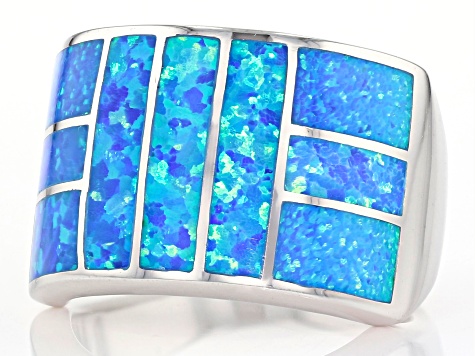 Lab Created Blue Opal Rhodium Over Silver Mens Ring