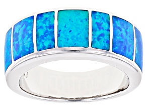 Mens Lab Created Blue Opal Rhodium Over Silver Band Ring