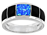 Lab Created Blue Opal And Black Onyx Inlay Rhodium Over Silver Mens Band Ring