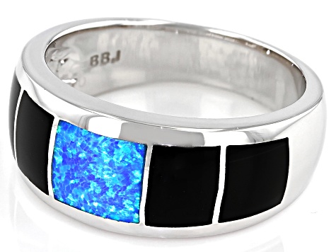 Lab Created Blue Opal And Black Onyx Inlay Rhodium Over Silver Mens Band Ring