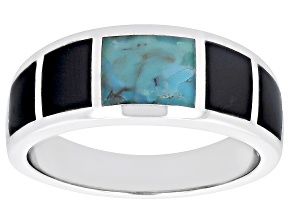 Blue Turquoise & Black Onyx Rhodium Over Silver Mens Inlay Band Ring