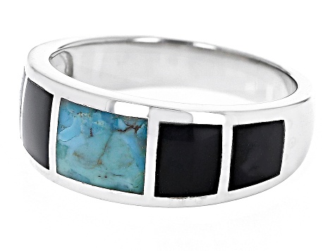 Blue Turquoise & Black Onyx Rhodium Over Silver Mens Inlay Band Ring