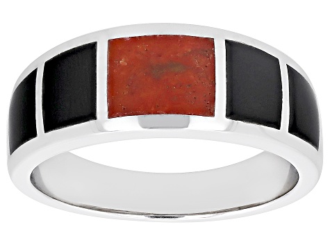 Red Coral & Black Onyx Rhodium Over Silver Mens Inlay Band Ring