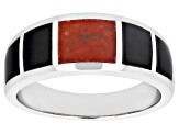 Red Coral & Black Onyx Rhodium Over Silver Mens Inlay Band Ring