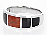 Red Coral & Black Onyx Rhodium Over Silver Mens Inlay Band Ring