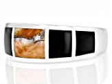 Spiny Oyster Shell & Black Onyx Inlay Rhodium Over Silver Men's Band Ring