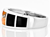 Spiny Oyster Shell & Black Onyx Inlay Rhodium Over Silver Men's Band Ring