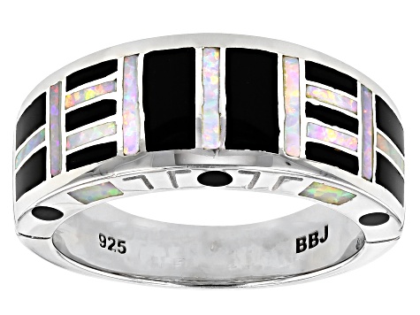 White Lab Created Opal And Black Onyx Inlay Rhodium Over Silver Men's Band Ring