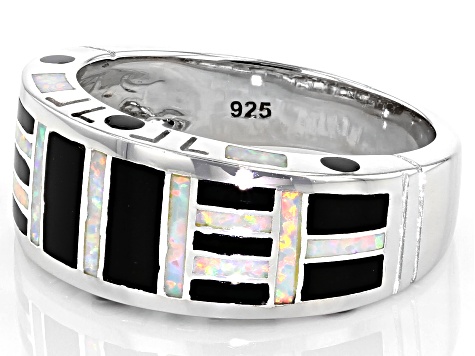 White Lab Created Opal And Black Onyx Inlay Rhodium Over Silver Men's Band Ring
