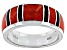Red Coral And Black Onyx Rhodium Over Silver Mens Inlay Band Ring