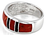 Red Coral And Black Onyx Rhodium Over Silver Mens Inlay Band Ring