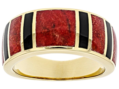 Red Coral And Black Onyx 18k Yellow Gold Over Silver Mens Inlay Band Ring