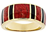 Red Coral And Black Onyx 18k Yellow Gold Over Silver Mens Inlay Band Ring