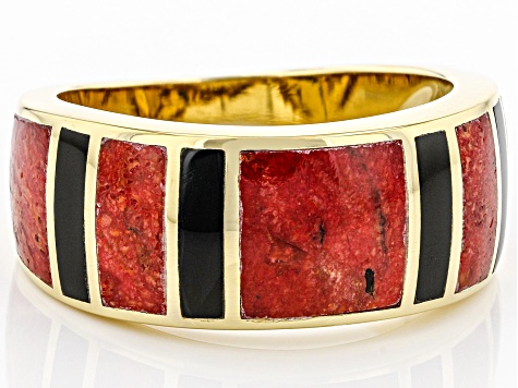 Red Coral And Black Onyx 18k Yellow Gold Over Silver Mens Inlay Band Ring -  SWW261A