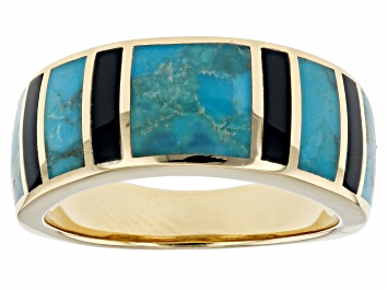 Picture of Blue Turquoise & Onyx 18k Yellow Gold Over Sterling Silver Men's Inlay Band Ring