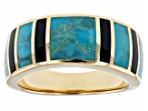 Blue Turquoise & Onyx 18k Yellow Gold Over Sterling Silver Men's Inlay Band Ring