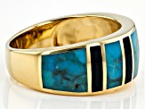 Blue Turquoise & Onyx 18k Yellow Gold Over Sterling Silver Men's Inlay Band Ring