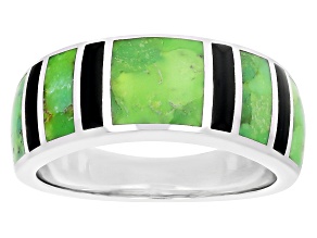 Green Turquoise And Black Onyx Rhodium Over Silver Mens Inlay Band Ring