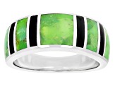 Green Turquoise And Black Onyx Rhodium Over Silver Mens Inlay Band Ring