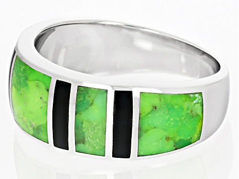 Green Turquoise And Black Onyx Rhodium Over Silver Mens Inlay Band Ring