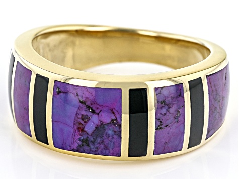 Purple Turquoise And Black Onyx 18k Yellow Gold Over Silver Mens Inlay Band Ring