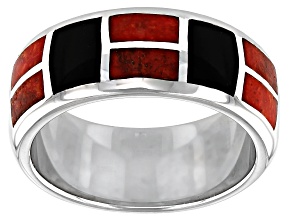 Red Coral And Black Onyx Inlay Rhodium Over Silver Mens Band Ring