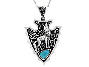 Mens Turquoise Rhodium Over Silver Wolf Arrowhead Enhancer With 20" Chain