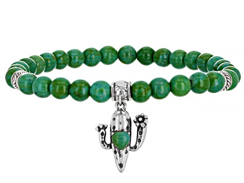Childrens Green Turquoise Rhodium Over Silver Cactus Stretch Bracelet