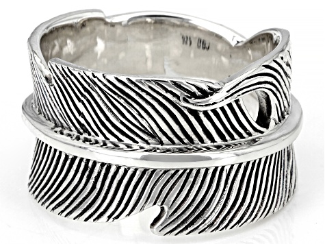 Mens Rhodium Over Silver Feather Band Ring