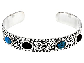 Mens Turquoise And Black Onyx Rhodium Over Silver Cuff Bracelet