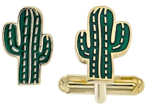 Mens Green Enamel 18k Yellow Gold Over Sterling Silver Cactus Cufflinks