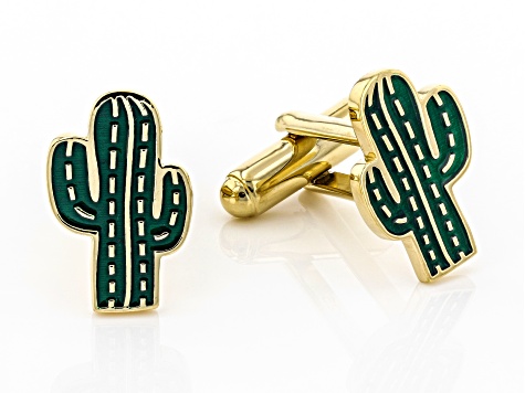 Mens Green Enamel 18k Yellow Gold Over Sterling Silver Cactus Cufflinks