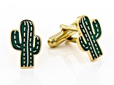 Mens Green Enamel 18k Yellow Gold Over Sterling Silver Cactus Cufflinks