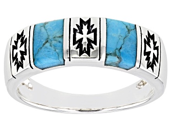 Picture of Mens Turquoise Rhodium Over Sterling Silver Inlay Band Ring