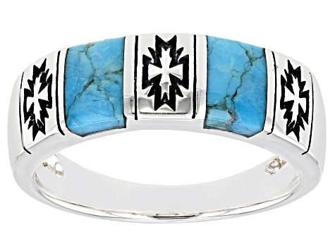 Mens Turquoise Rhodium Over Sterling Silver Inlay Band Ring