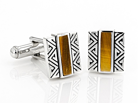 Mens Tiger's Eye Rhodium Over Silver Inlay Cufflinks