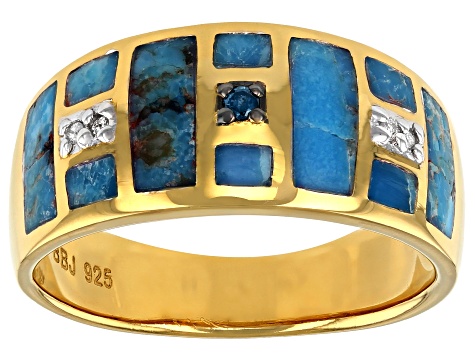 Mens Turquoise With Diamond Accent 18k Yellow Gold Over Silver Inlay Ring