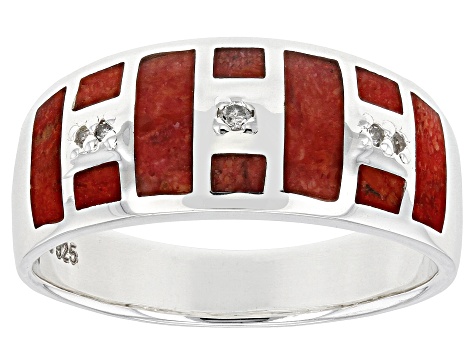 Red Coral With White Diamond Accent Rhodium Over Silver Inlay Ring 0.04ctw