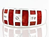 Red Coral With White Diamond Accent Rhodium Over Silver Inlay Ring 0.04ctw