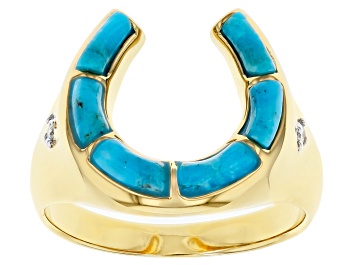 Picture of Mens Turquoise 18k  Yellow Gold Over Silver Horseshoe Ring .04ctw