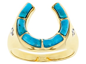 Mens Turquoise 18k  Yellow Gold Over Silver Horseshoe Ring .04ctw