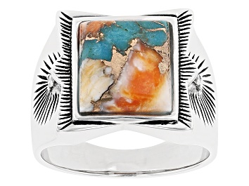 Picture of Blended Turquoise And Spiny Oyster Shell Rhodium Over Silver Men's Ring .04ctw