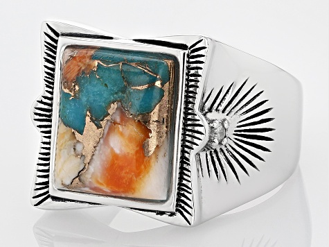 Blended Turquoise And Spiny Oyster Shell Rhodium Over Silver Men's Ring .04ctw