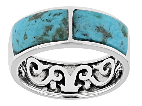 Mens Turquoise Rhodium Over Silver Band Ring