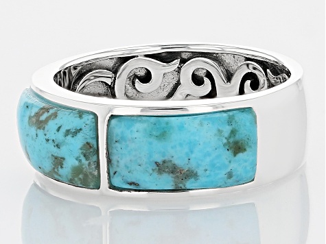 Mens Turquoise Rhodium Over Silver Band Ring