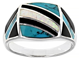 Mens Lab Created Opal, Turquoise & Onyx Rhodium Over Silver Inlay Ring